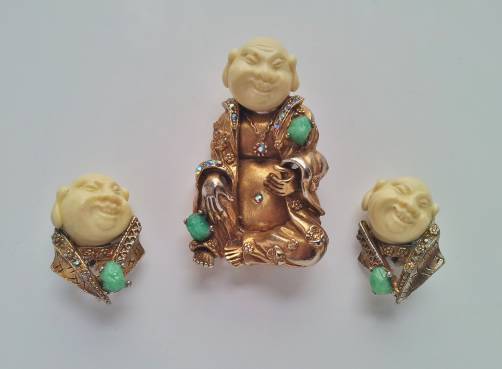 HAR vintage gilt seated Chinaman Happy Buddha pin & earrings, 1960, American